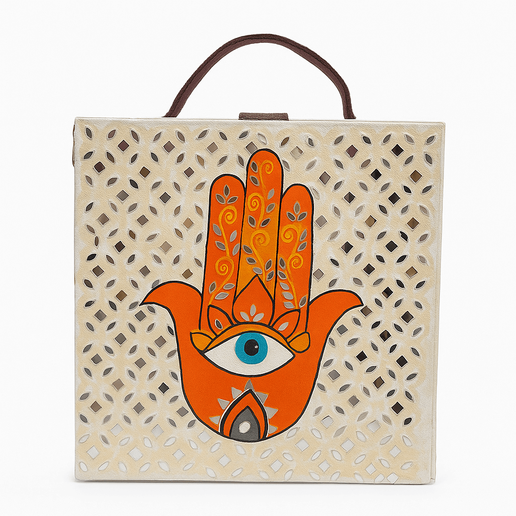 Cream Mirror-Cut Hamsa Square Canvas Clutch