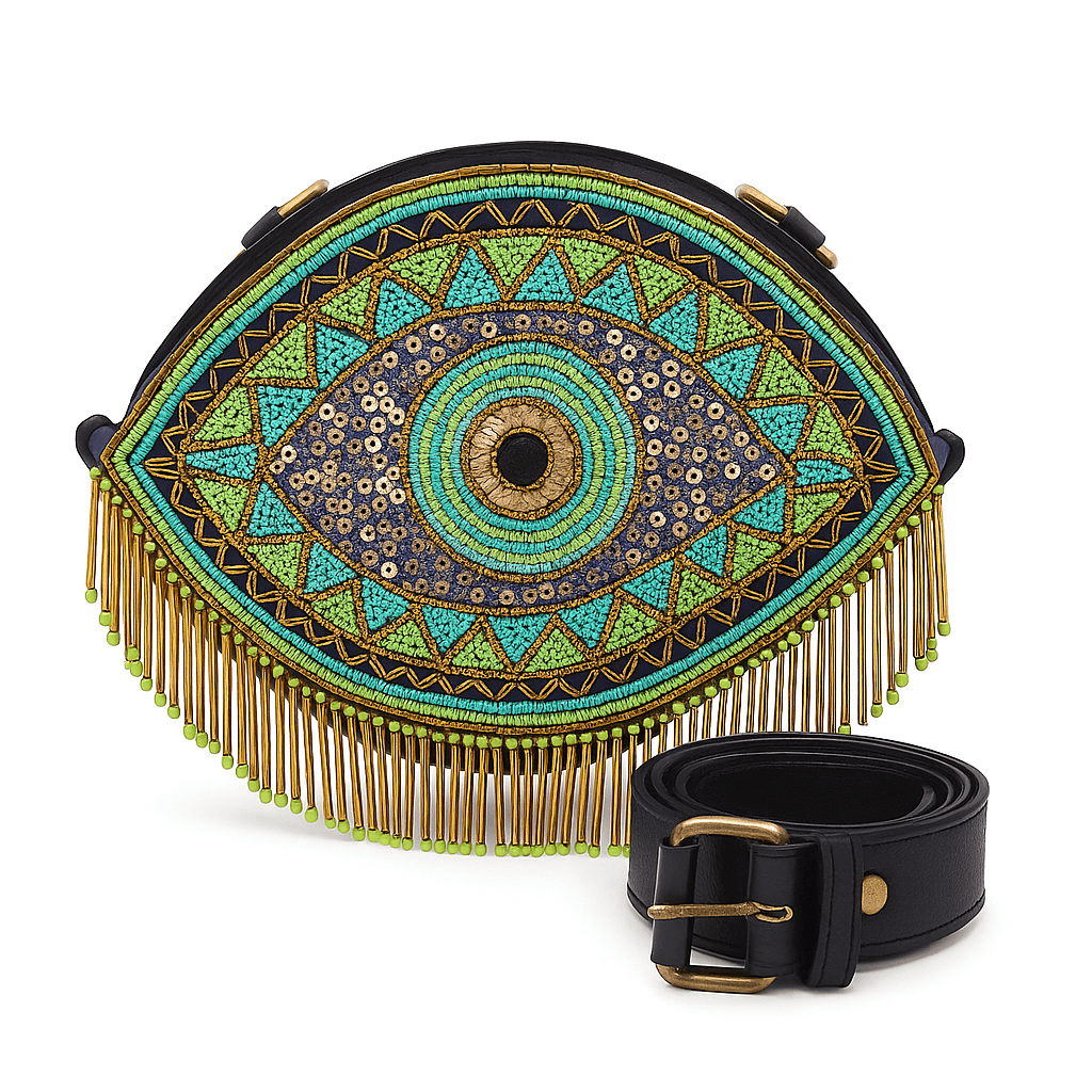 Black Beaded Evil Eye Fringe Crossbody Bag