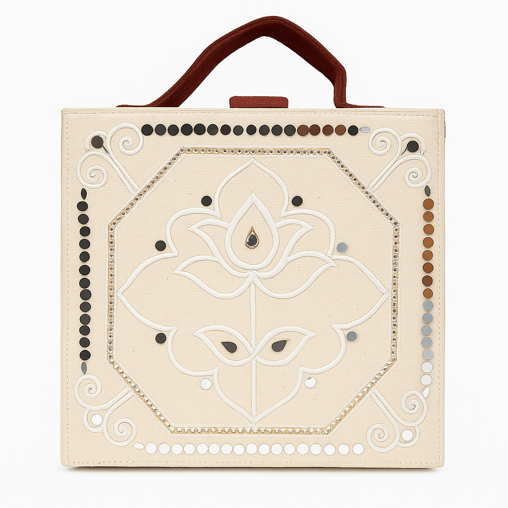 Cream Lotus Embellished Canvas Clutch with Mirror Accents