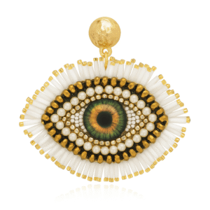White & Gold Beaded Evil Eye Drop Earrings