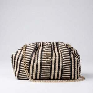 Striped Woven Straw Cloud Pouch Bag with Chain
