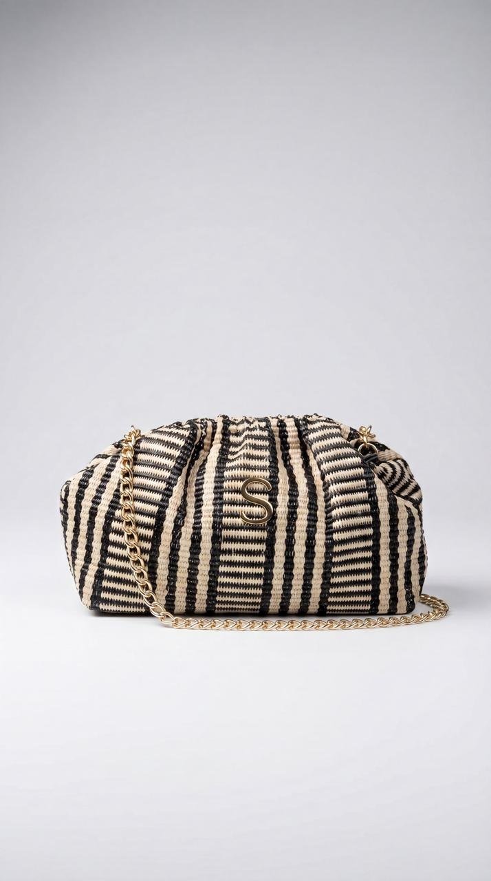 Striped Woven Straw Cloud Pouch Bag with Chain