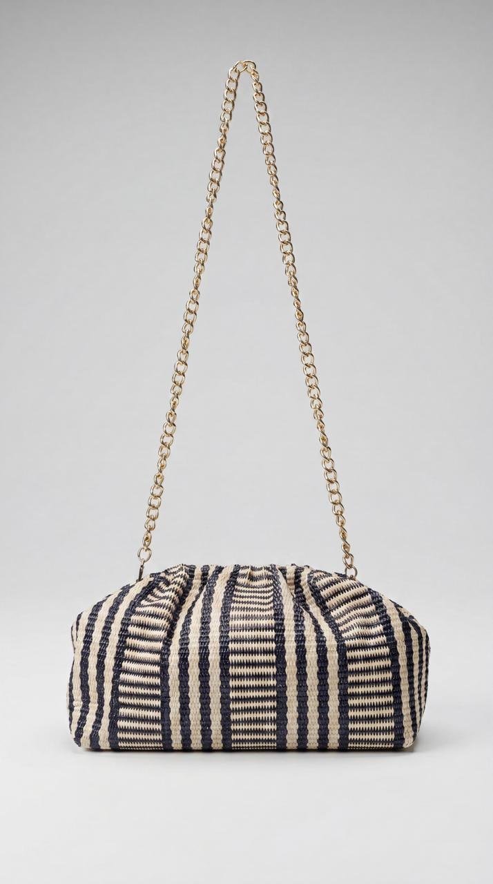 Striped Woven Straw Cloud Pouch Bag with Chain - Image 2