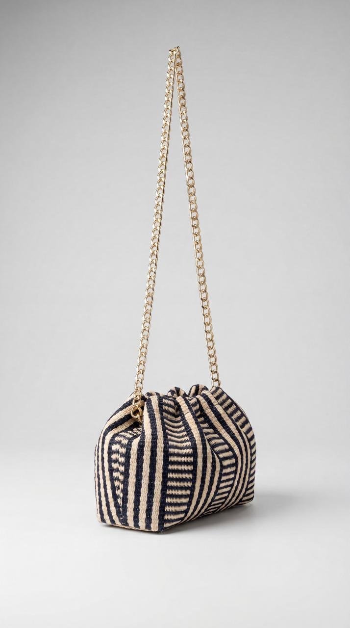 Striped Woven Straw Cloud Pouch Bag with Chain - Image 3