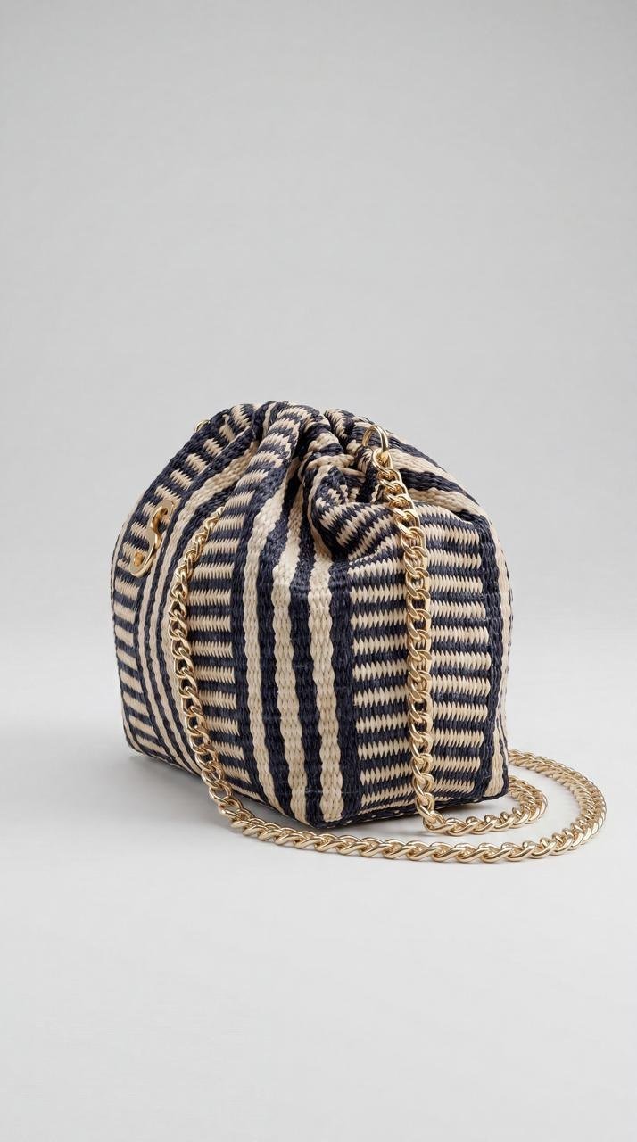 Striped Woven Straw Cloud Pouch Bag with Chain - Image 4