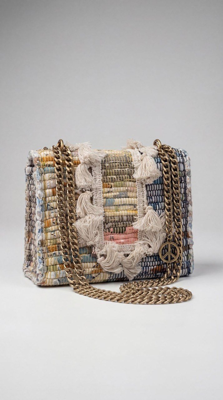 Multicolor Woven Tassel Bag with Chain Strap