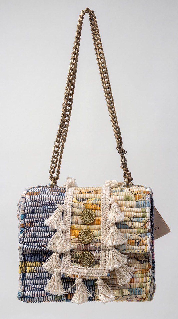 Multicolor Woven Tassel Bag with Chain Strap - Image 2