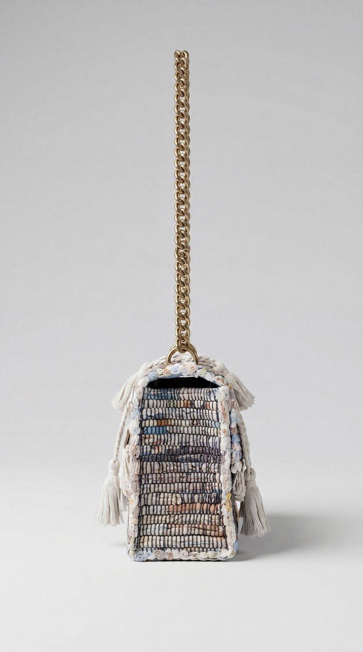 Multicolor Woven Tassel Bag with Chain Strap - Image 4