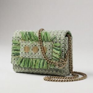 Green Woven Raffia Fringe Flap Bag with Chain