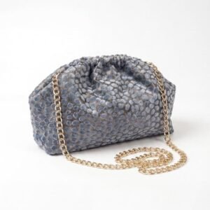 Blue Textured Velvet Cloud Pouch Bag with Chain
