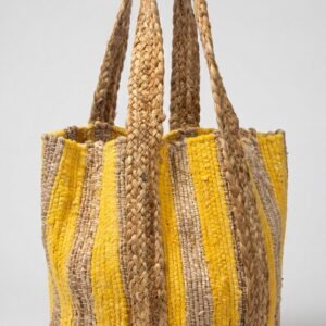 Yellow Striped Woven Jute Beach Tote Bag