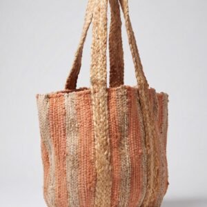 Terracotta Striped Woven Jute Beach Tote Bag