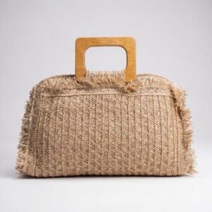 Crochet Raffia Fringe Bag with Wooden Handle