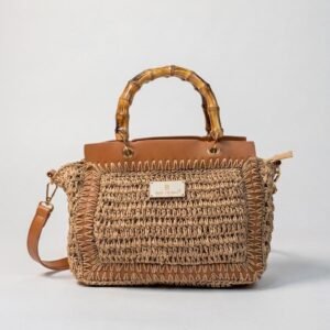 Crochet Straw Handbag with Bamboo Handles