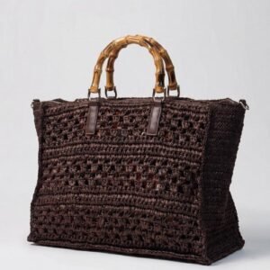 Crochet Straw Tote with Bamboo Handles in Brown