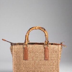 Crochet Straw Tote with Bamboo Handles in Natural