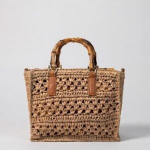 Crochet Straw Mini Tote with Bamboo Handles Natural