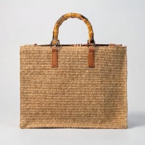 Woven Straw Structured Tote with Bamboo Handles
