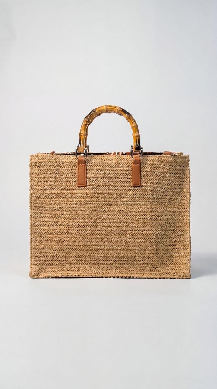 Woven Straw Structured Tote with Bamboo Handles