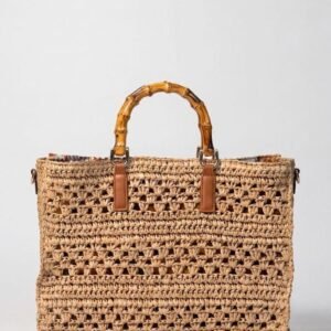 Crochet Straw Tote with Bamboo Handles in Natural