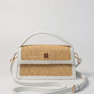 Woven Straw & White Leather Crossbody Bag