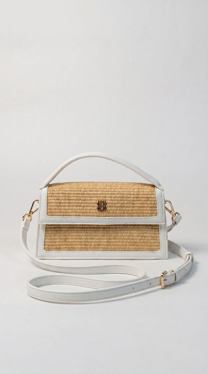 Woven Straw & White Leather Crossbody Bag