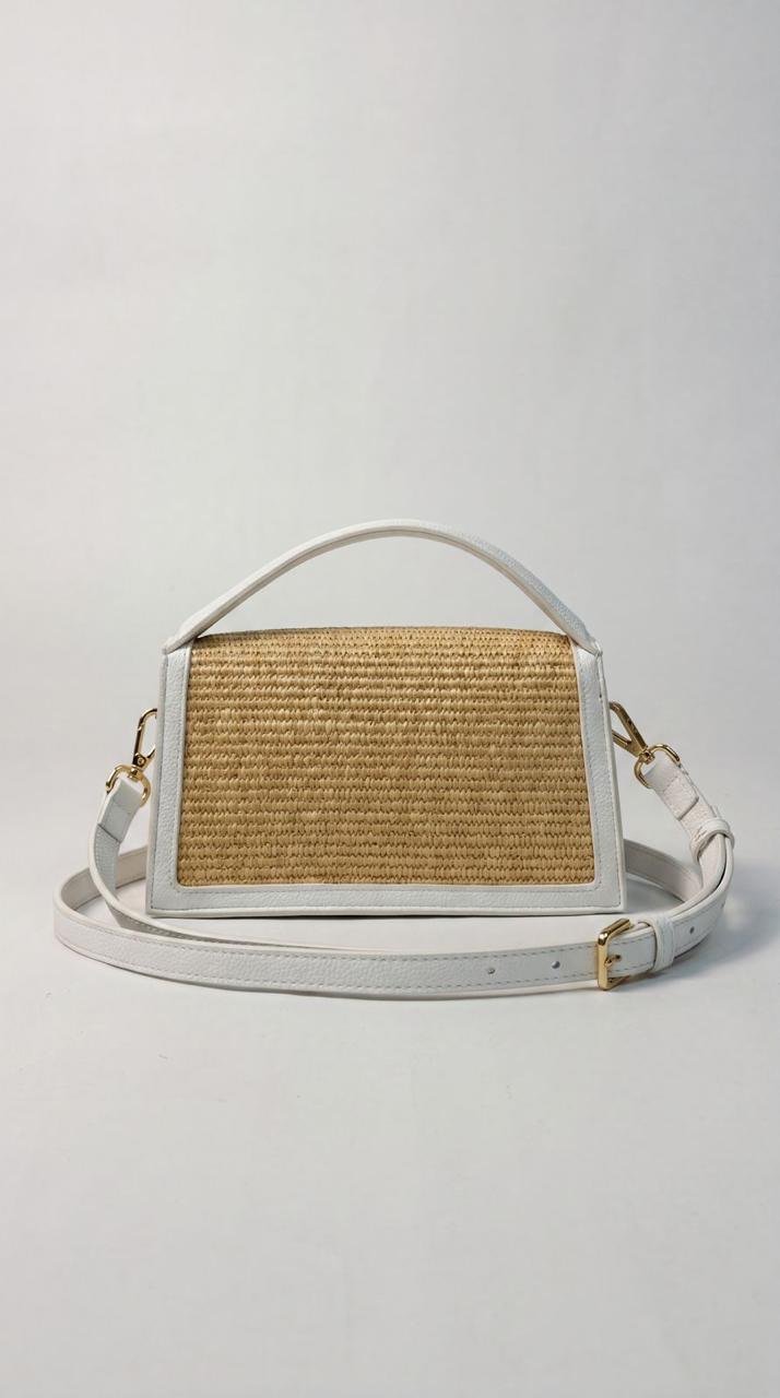 Woven Straw & White Leather Crossbody Bag - Image 2