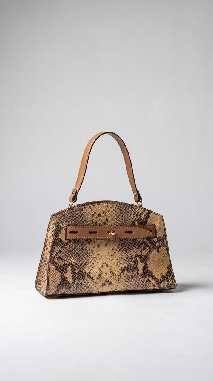 Brown Snake-Print Top-Handle Handbag