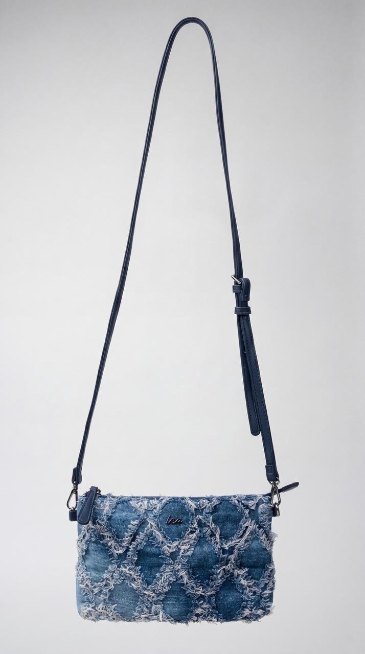 Frayed Denim Crossbody Bag with Strap - Image 3