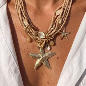 Beige Beaded Starfish Statement Necklace