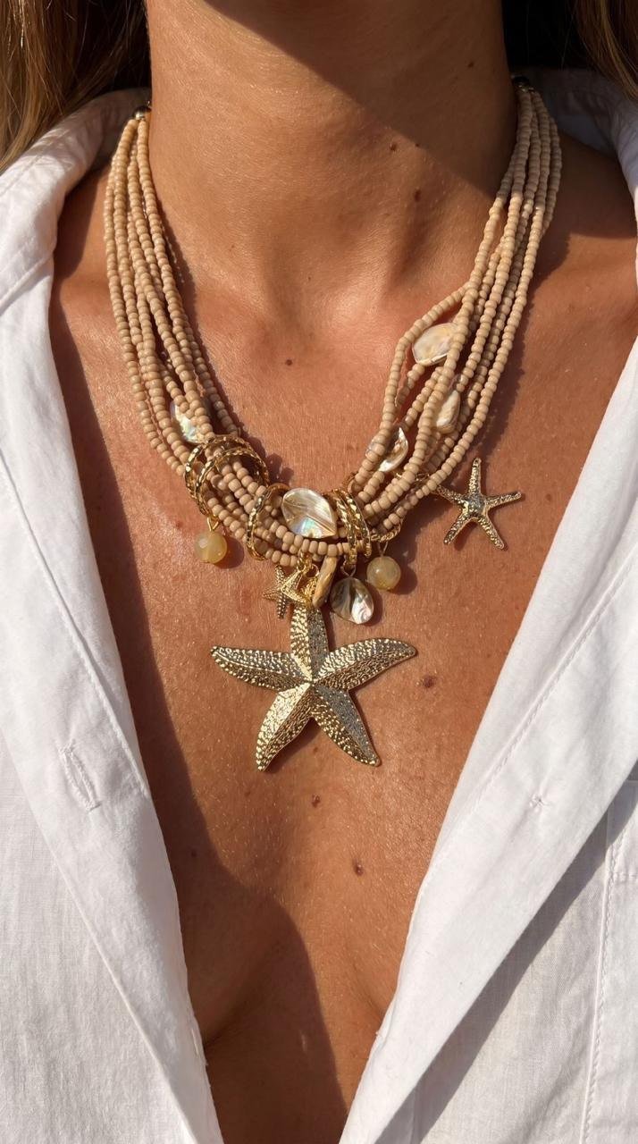 Beige Beaded Starfish Statement Necklace