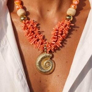 Coral-Tone Beaded Necklace with Gold Shell Pendant