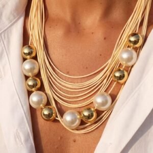 Multi-Strand Cord Necklace with Gold & Pearl Beads