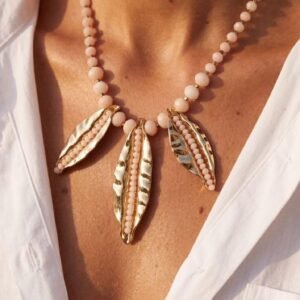 Blush Beaded Necklace with Gold Leaf Pendants