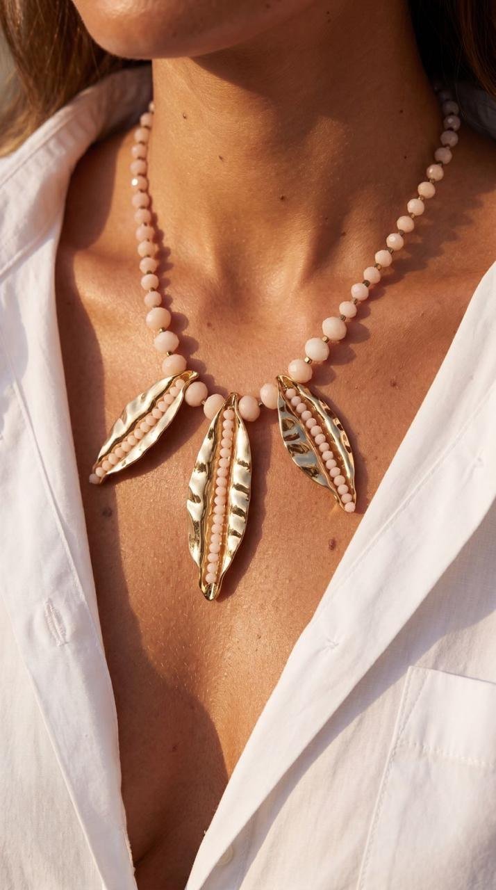 Blush Beaded Necklace with Gold Leaf Pendants