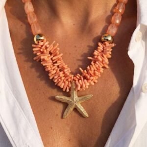 Coral-Tone Starfish Necklace with Branch Fringe