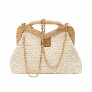 Woven Straw Wood-Frame Bag with Chain Strap