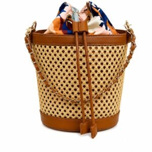 Woven Cane Bucket Bag with Scarf & Chain Strap