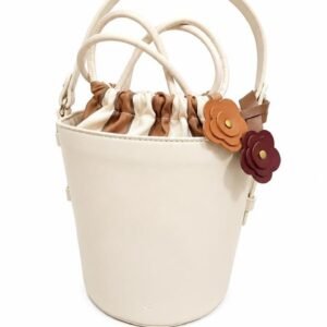 Cream Bucket Bag with Striped Drawstring & Flowers