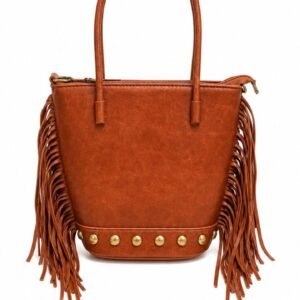 Cognac Fringe Tote Bag with Studs