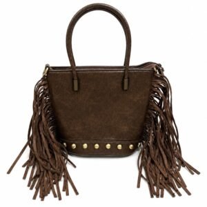 Brown Fringe Tote Bag with Studs