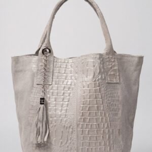 Grey Croc Panel Italian Leather Tote with Suede & Tassel