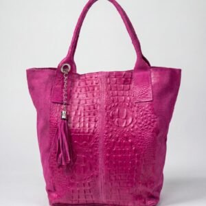 Pink Croc Panel Italian Leather Tote with Suede & Tassel