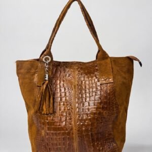 Brown Croc-Embossed Italian Leather Tote with Tassel