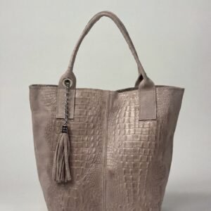 Taupe Croc-Embossed Italian Leather Tote with Tassel