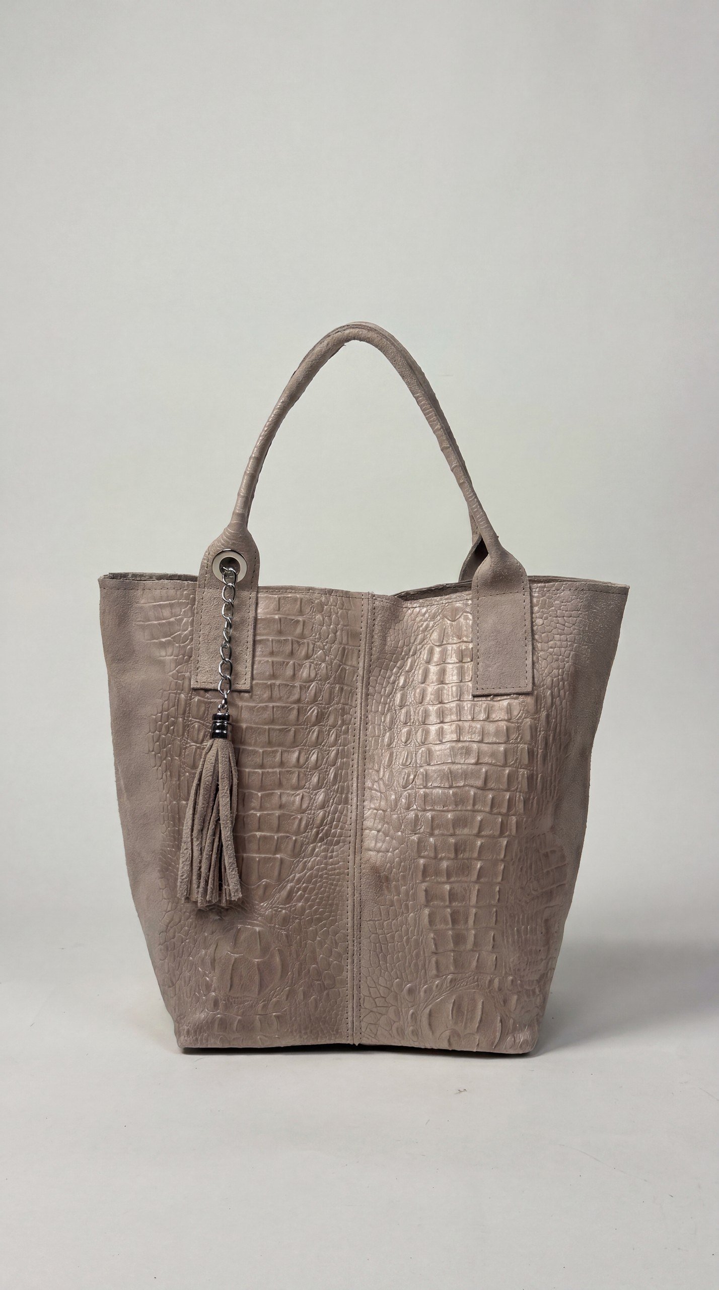Taupe Croc-Embossed Italian Leather Tote with Tassel