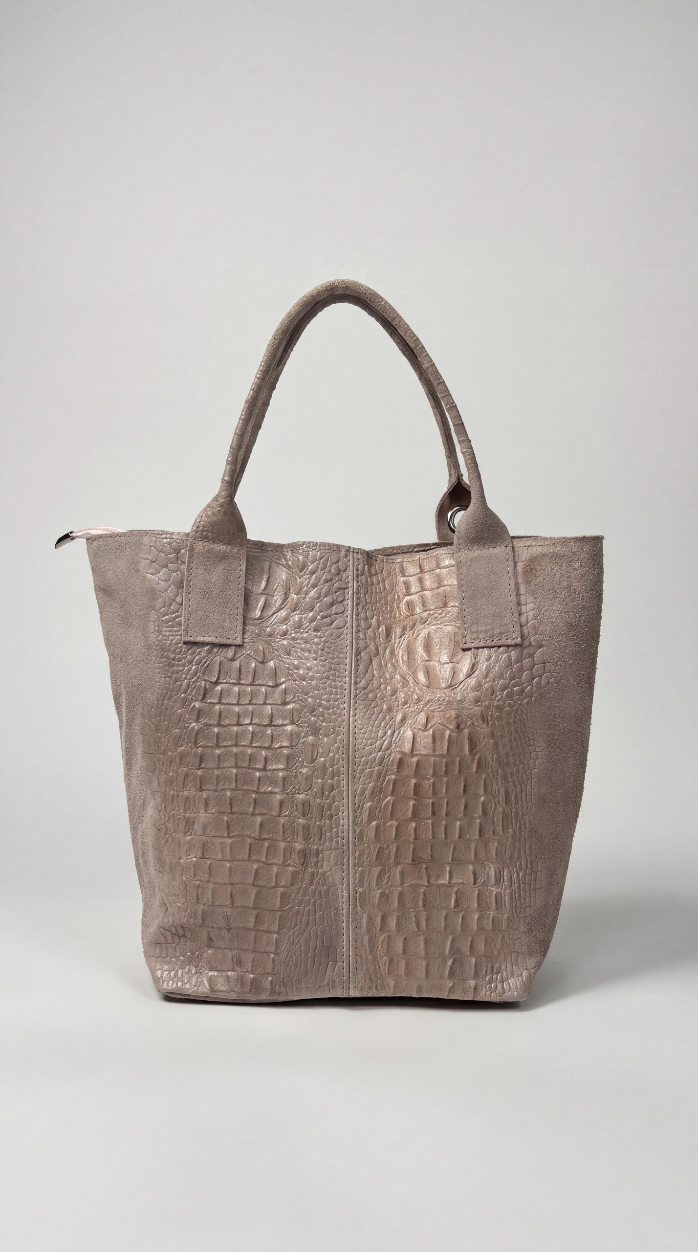Taupe Croc-Embossed Italian Leather Tote with Tassel - Image 2