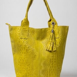 Yellow Croc-Embossed Italian Leather Tote with Tassel