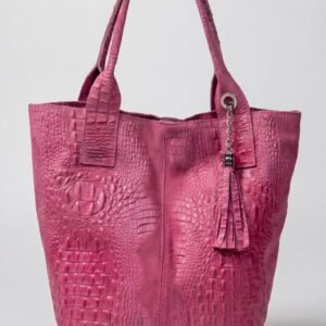 Pink Croc-Embossed Italian Leather Tote with Tassel