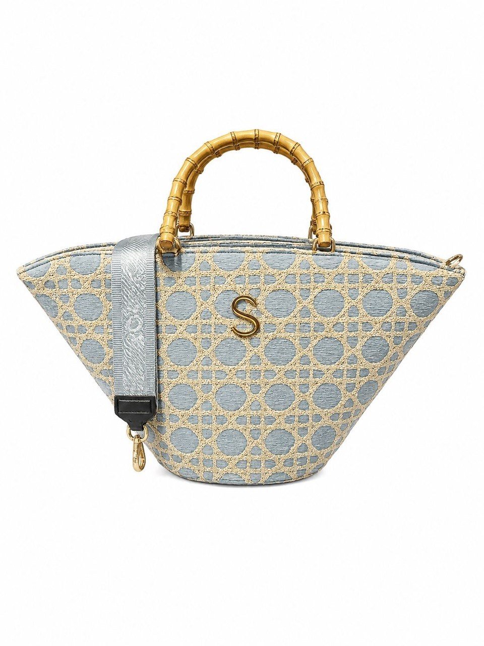 Cane-Weave Fan Basket Bag with Bamboo Handles